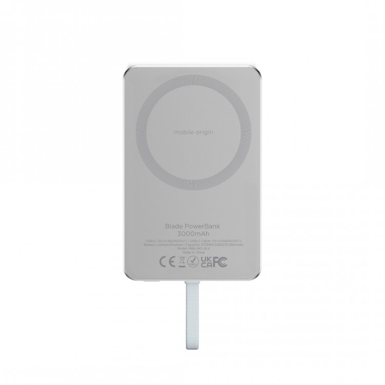 Mobile Origin Blade MAGSAFE Powerbank 3.000mAh ασύρματος Φορτιστ΄ής, με ενσωματωμένο USB-C καλώδιο - ΓΚΡΙ ΑΣΗΜΙ - PBB-3KC-SLV