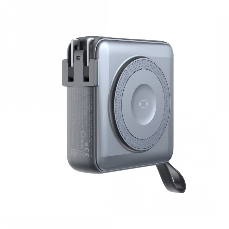 Mobile Origin 3-σε-1 Ασύρματος Φορτιστής Ταξιδιού & MAGSAFE Powerbank 10.000mAh, με Lightning και USB-C καλώδιο - ΓΚΡΙ - PBT-03L-GRY