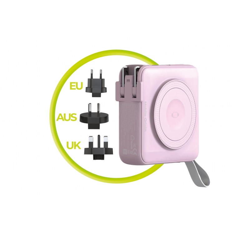 Mobile Origin 3-σε-1 Ασύρματος Φορτιστής Ταξιδιού & MAGSAFE Powerbank 10.000mAh, με Lightning και USB-C καλώδιο - ΡΟΖ - PBT-03L-PNK