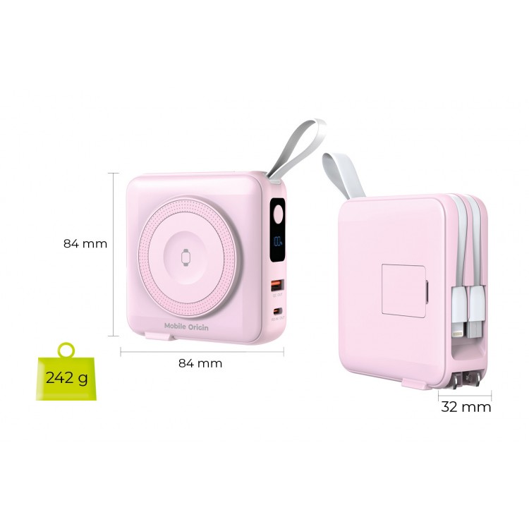 Mobile Origin 3-σε-1 Ασύρματος Φορτιστής Ταξιδιού & MAGSAFE Powerbank 10.000mAh, με Lightning και USB-C καλώδιο - ΡΟΖ - PBT-03L-PNK
