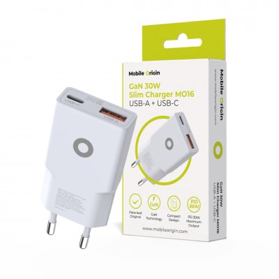 Mobile Origin Λεπτός Φορτιστής ταξιδίου τοίχου GaN 30W, UNIVERSAL, USB-A + USB-C, TUV MO16 - EU - ΛΕΥΚΟ - MO-GAN30W-MO16