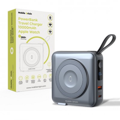 Mobile Origin 3-σε-1 Ασύρματος Φορτιστής Ταξιδιού & MAGSAFE Powerbank 10.000mAh, με Lightning και USB-C καλώδιο - ΓΚΡΙ - PBT-03L-GRY