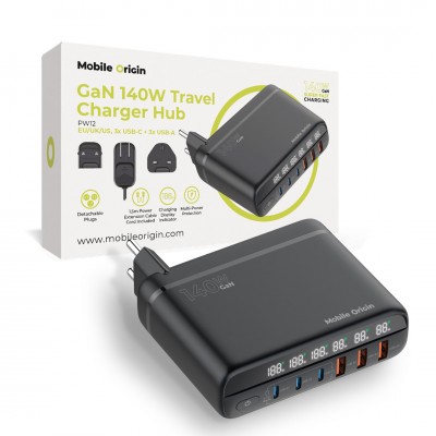 Mobile Origin GaN 140W Φορτιστής τοίχου-Hub PW12, 3x USB-C + 3x USB-A, EU/UK/US - ΜΑΥΡΟ - MO-CH140-PW12