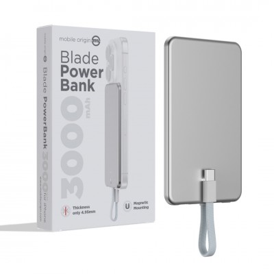 Mobile Origin Blade MAGSAFE Powerbank 3.000mAh ασύρματος Φορτιστ΄ής, με ενσωματωμένο USB-C καλώδιο - ΓΚΡΙ ΑΣΗΜΙ - PBB-3KC-SLV