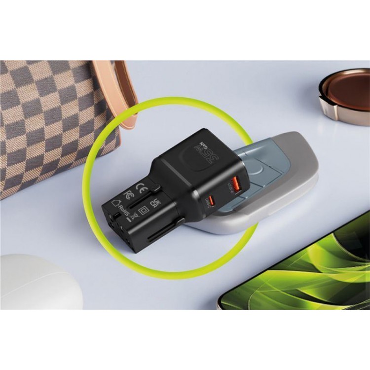 Mobile Origin Travel Φορτιστής ταξιδίου τοίχου 35W, UNIVERSAL - EU/US/UK/AU - ΜΑΥΡΟ - MO-PW25-BLK