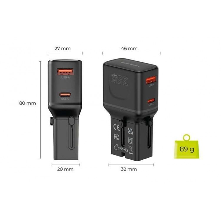 Mobile Origin Travel Φορτιστής ταξιδίου τοίχου 35W, UNIVERSAL - EU/US/UK/AU - ΜΑΥΡΟ - MO-PW25-BLK