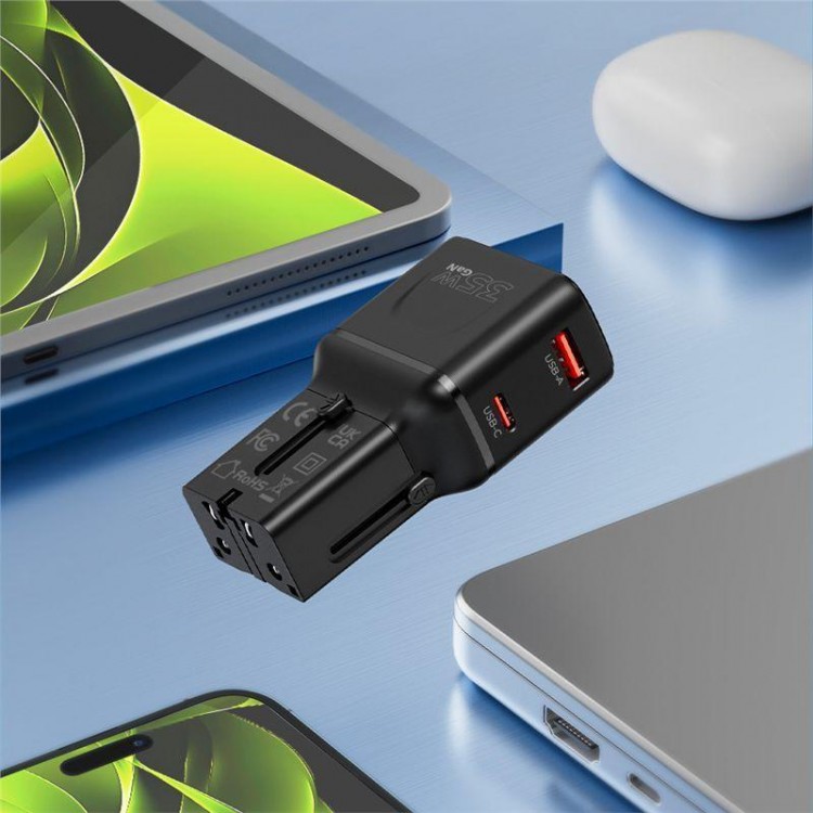 Mobile Origin Travel Φορτιστής ταξιδίου τοίχου 35W, UNIVERSAL - EU/US/UK/AU - ΜΑΥΡΟ - MO-PW25-BLK