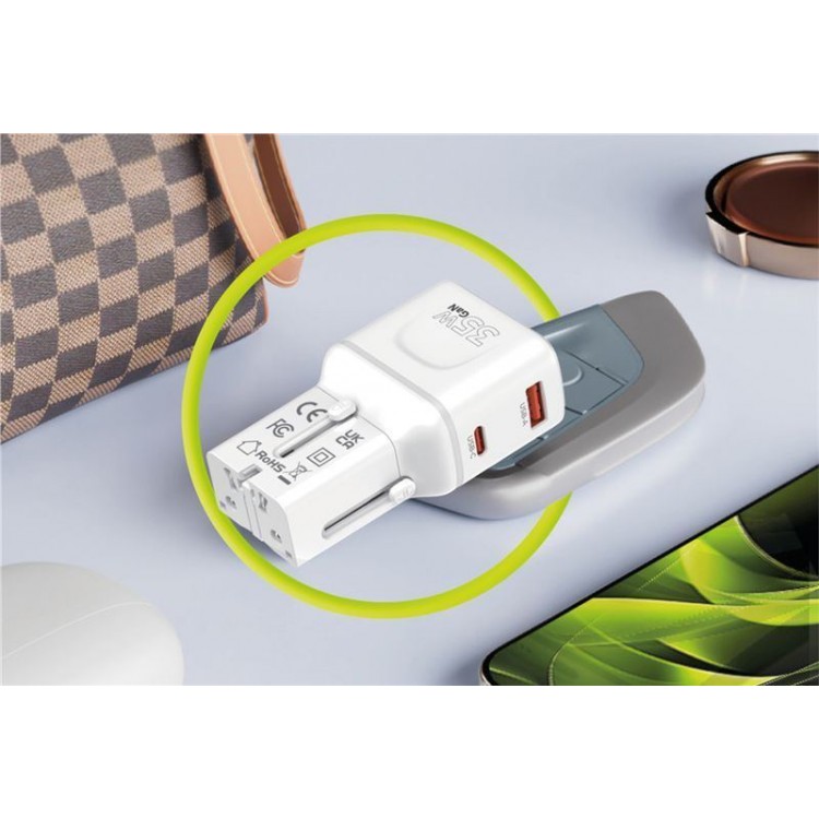 Mobile Origin Travel Φορτιστής ταξιδίου τοίχου 35W, UNIVERSAL - EU/US/UK/AU - ΛΕΥΚΟ - MO-PW25-WHT