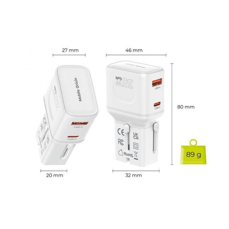 Mobile Origin Travel Φορτιστής ταξιδίου τοίχου 35W, UNIVERSAL - EU/US/UK/AU - ΛΕΥΚΟ - MO-PW25-WHT