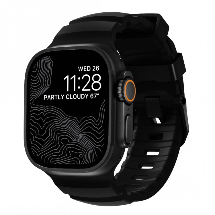 NOMAD Rocky Point Sport Band FKM rubber Strap ΑΔΙΑΒΡΟΧΟ για Apple Watch all SERIES & ULTRA 1/2/3, APPLE watch Series 10/11 - 42/44/45/46/49mm - CARBON ΜΑΥΡΟ / ΜΑΥΡΟ - NM011697858