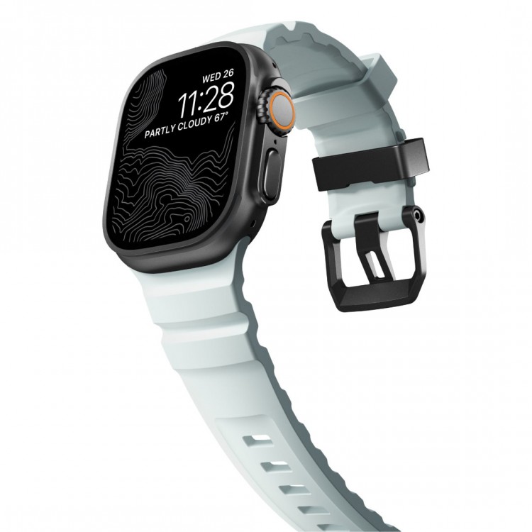 NOMAD Rocky Limited Edition Point Sport Band FKM rubber Strap ΑΔΙΑΒΡΟΧΟ για Apple Watch SERIES 4,5,6,SE,8,9 & ULTRA 1/2/3, APPLE watch Series 10 - 42/44/45/46/49mm - Icy ΜΠΛΕ Glow / ΜΑΥΡΟ - NM014445858