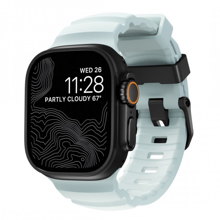 NOMAD Rocky Limited Edition Point Sport Band FKM rubber Strap ΑΔΙΑΒΡΟΧΟ για Apple Watch SERIES 4,5,6,SE,8,9 & ULTRA 1/2, APPLE watch Series 10 - 42/44/45/46/49mm - Icy ΜΠΛΕ Glow / ΜΑΥΡΟ - NM014445858