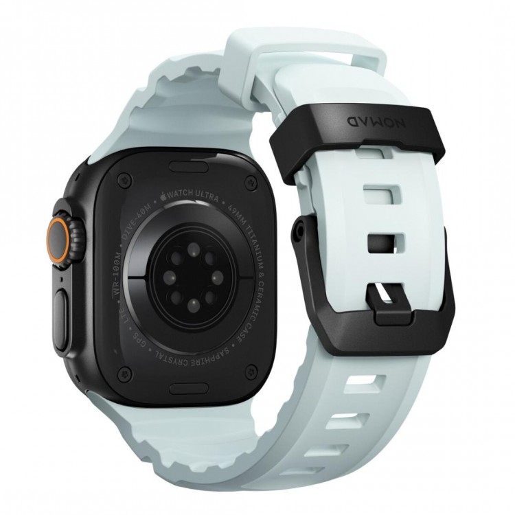 NOMAD Rocky Limited Edition Point Sport Band FKM rubber Strap ΑΔΙΑΒΡΟΧΟ για Apple Watch SERIES 4,5,6,SE,8,9 & ULTRA 1/2, APPLE watch Series 10 - 42/44/45/46/49mm - Icy ΜΠΛΕ Glow / ΜΑΥΡΟ - NM014445858