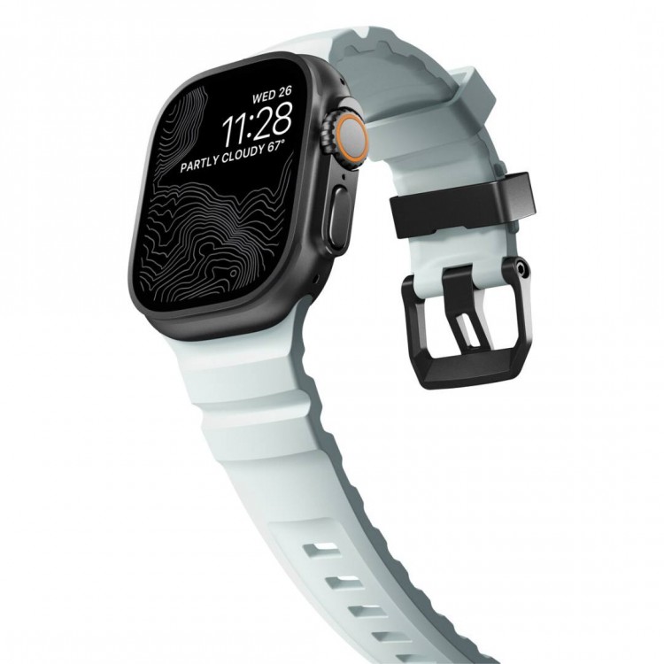 NOMAD Rocky Limited Edition Point Sport Band FKM rubber Strap ΑΔΙΑΒΡΟΧΟ για Apple Watch SERIES 4,5,6,SE,8,9 & ULTRA 1/2, APPLE watch Series 10 - 42/44/45/46/49mm - Icy ΜΠΛΕ Glow / ΜΑΥΡΟ - NM014445858