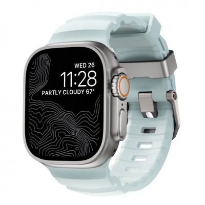 NOMAD Rocky Limited Edition Point Sport Band FKM rubber Strap ΑΔΙΑΒΡΟΧΟ για Apple Watch SERIES 4,5,6,SE,8,9 & ULTRA 1/2, APPLE watch Series 10 - 42/44/45/46/49mm - Icy ΜΠΛΕ Glow / ΑΣΗΜΙ - NM014452858