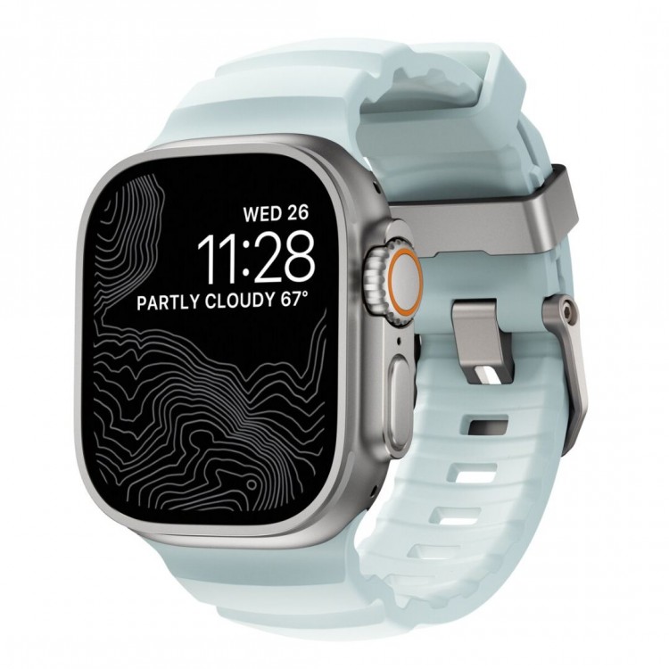 NOMAD Rocky Limited Edition Point Sport Band FKM rubber Strap ΑΔΙΑΒΡΟΧΟ για Apple Watch SERIES 4,5,6,SE,8,9 & ULTRA 1/2, APPLE watch Series 10 - 42/44/45/46/49mm - Icy ΜΠΛΕ Glow / ΑΣΗΜΙ - NM014452858