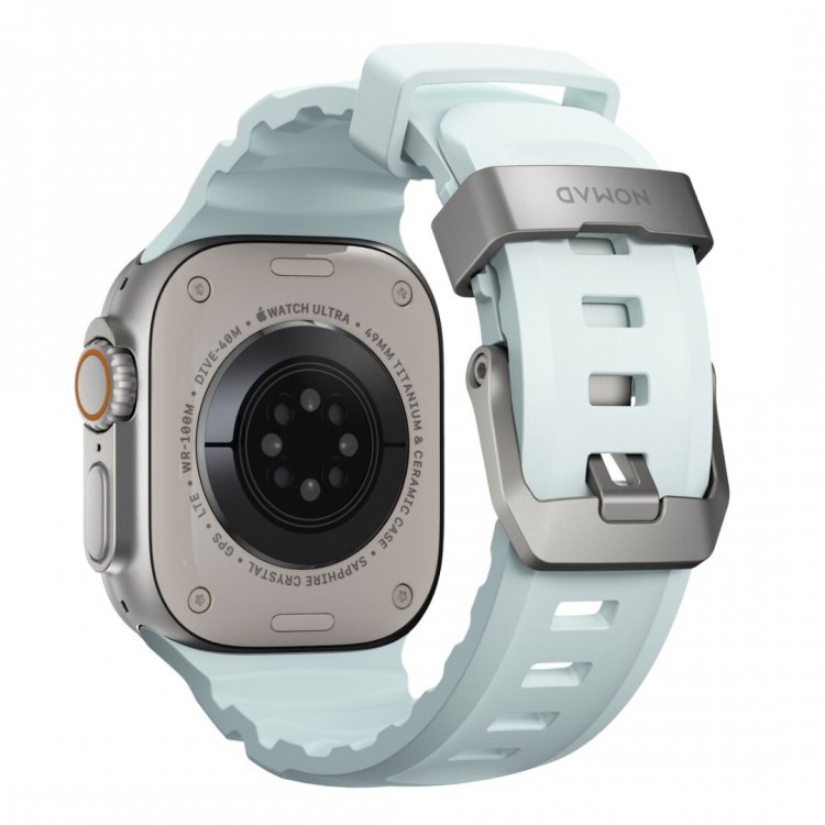 NOMAD Rocky Limited Edition Point Sport Band FKM rubber Strap ΑΔΙΑΒΡΟΧΟ για Apple Watch SERIES 4,5,6,SE,8,9 & ULTRA 1/2, APPLE watch Series 10 - 42/44/45/46/49mm - Icy ΜΠΛΕ Glow / ΑΣΗΜΙ - NM014452858