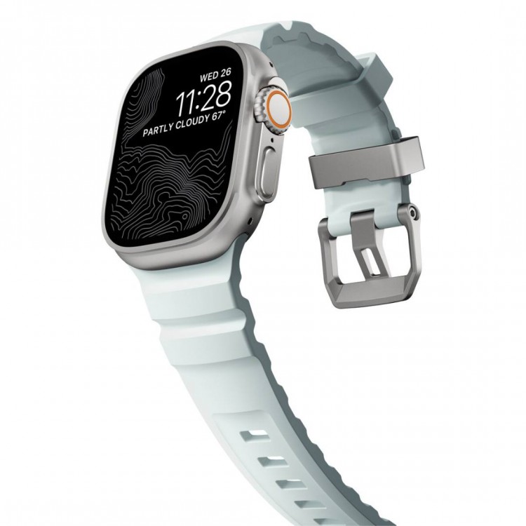 NOMAD Rocky Limited Edition Point Sport Band FKM rubber Strap ΑΔΙΑΒΡΟΧΟ για Apple Watch SERIES 4,5,6,SE,8,9 & ULTRA 1/2, APPLE watch Series 10 - 42/44/45/46/49mm - Icy ΜΠΛΕ Glow / ΑΣΗΜΙ - NM014452858