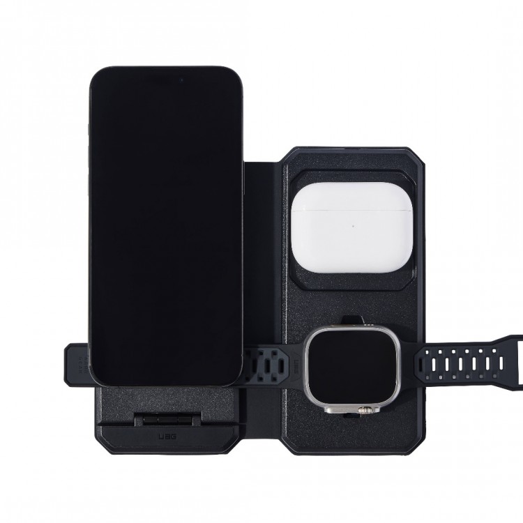 UAG SRGE 3-σε-1 MagSafe Foldable Επιτραπέζιος μαγνητικός σταθμός φόρτισης ταξιδίου + Θήκη ταξιδίου , Qi wireless για SmartPhones, Apple Watch και Airpods 15W - Μαύρο/Γκρί - 9B4412114030