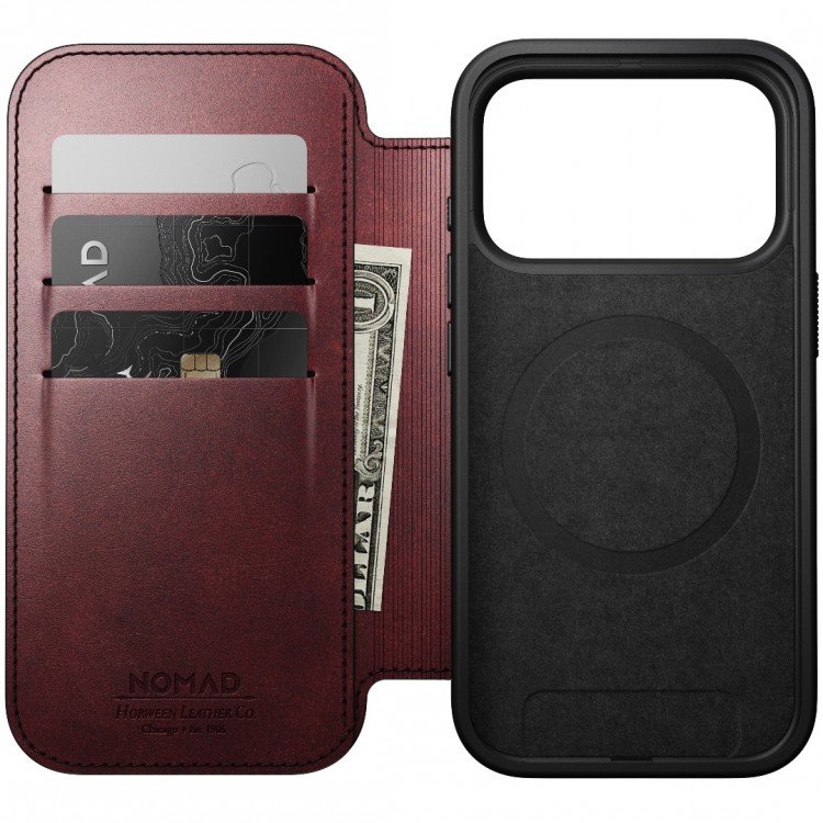 NOMAD θήκη Πορτοφόλι δερμάτινη Modern Folio Horween Rugged rustic MagSafe για Apple iPhone 17 PRO 6.3 2025 - Burgundy ΚΑΦΕ - NM011833858
