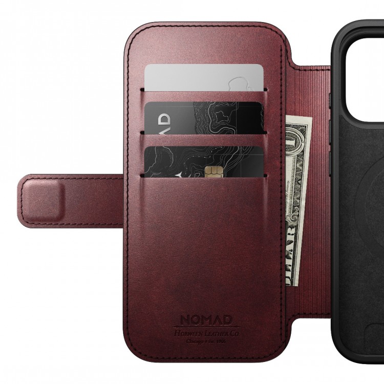 NOMAD θήκη Πορτοφόλι δερμάτινη Modern Folio Horween Rugged rustic MagSafe για Apple iPhone 17 PRO 6.3 2025 - Burgundy ΚΑΦΕ - NM011833858