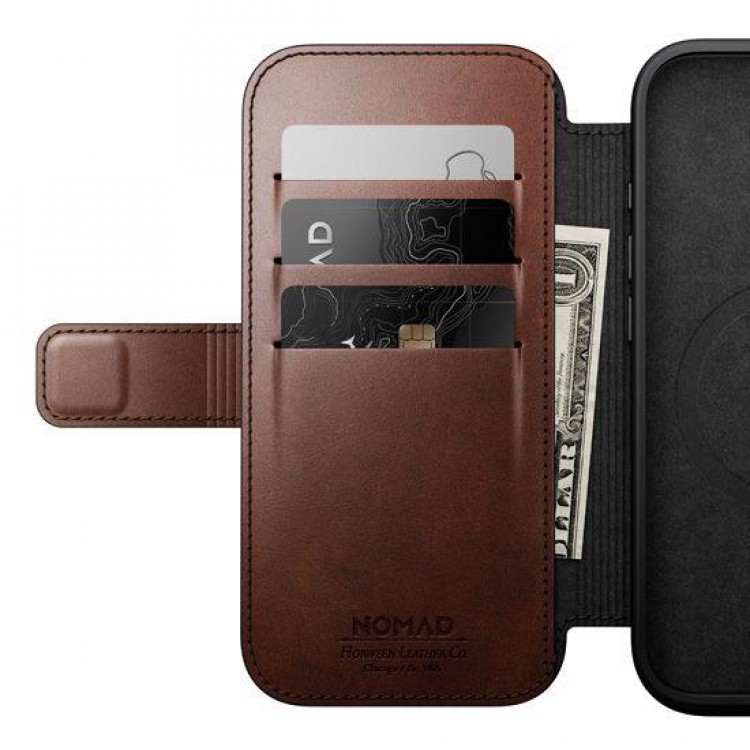 NOMAD θήκη Πορτοφόλι δερμάτινη Horween Modern Folio Rugged rustic MagSafe για Apple iPhone 16 PRO 6.3 2024 - ΚΑΦΕ - NM01676485