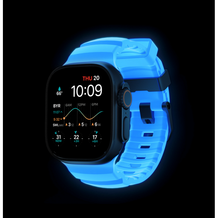 NOMAD Rocky Limited Edition Point Sport Band FKM rubber Strap ΑΔΙΑΒΡΟΧΟ για Apple Watch SERIES 4,5,6,SE,8,9 & ULTRA 1/2, APPLE watch Series 10 - 42/44/45/46/49mm - Icy ΜΠΛΕ Glow / ΜΑΥΡΟ - NM014445858