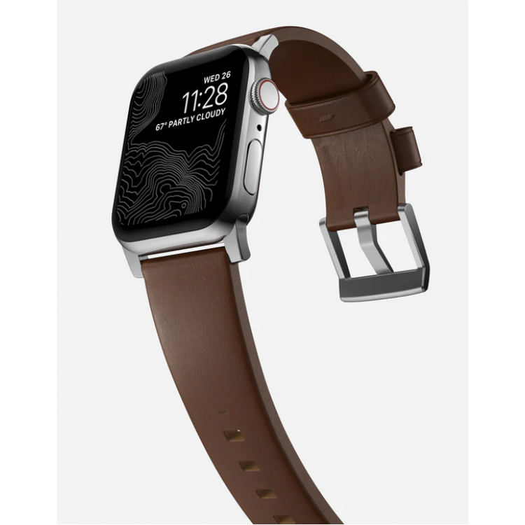 Nomad Δερμάτινο λουράκι Modern για Apple Watch SERIES , Apple Watch Ultra (49mm) 8/7 (45mm)/6/SE/5/4 (44mm)/3/2/1 (42mm) - ΚΑΦΕ ΑΣΗΜΙ - NM01907985