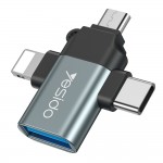 Yesido OTG Adapter USB σε Lightning, Micro-USB, Type-C, Plug & Play, 480Mbps - ΜΑΥΡΟ - GS15