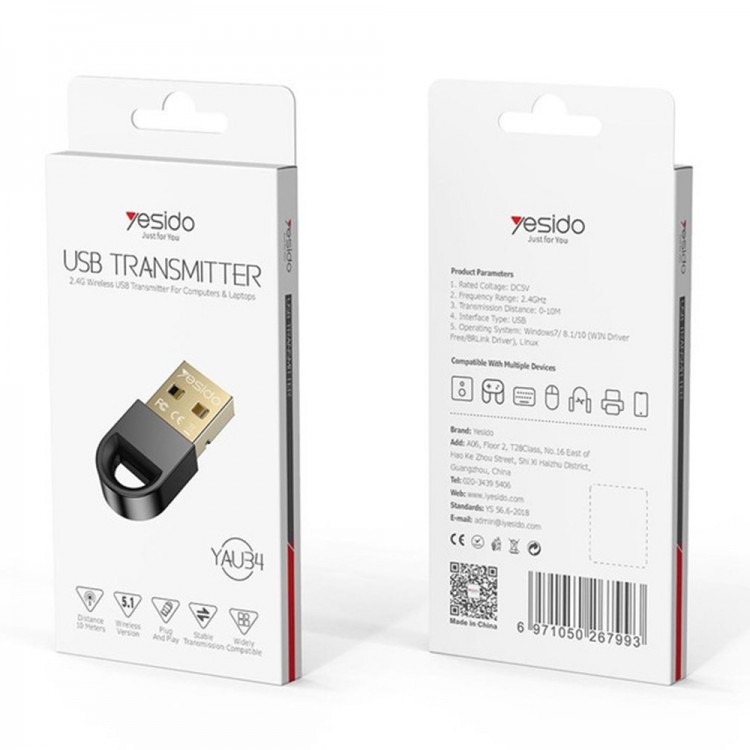 Yesido USB Transmitter USB σε Bluetooth, για Computer, Laptop - Μαύρο - YAU34