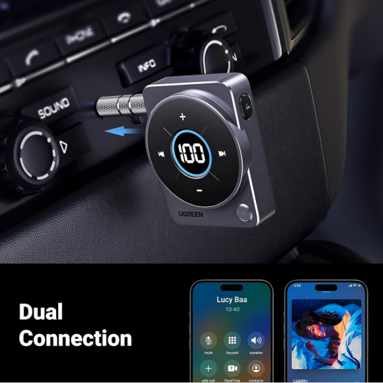 UGREEN Bluetooth 5.4 Αλουμινίου Δέκτης ήχου αυτοκινήτου, με LED οθόνη, Jack 3.5MM, Dual Handsfree - ΓΚΡΙ - CM724