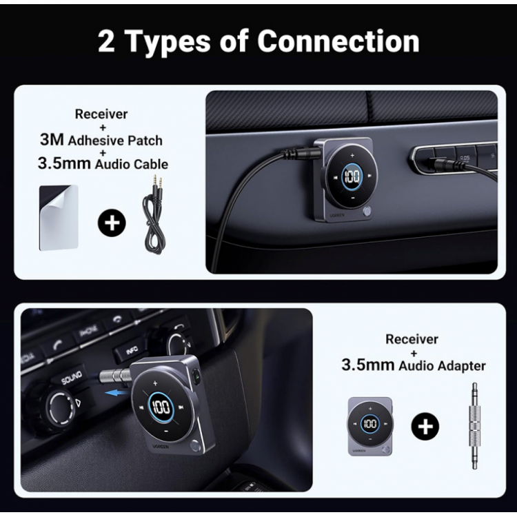 UGREEN Bluetooth 5.4 Αλουμινίου Δέκτης ήχου αυτοκινήτου, με LED οθόνη, Jack 3.5MM, Dual Handsfree - ΓΚΡΙ - CM724