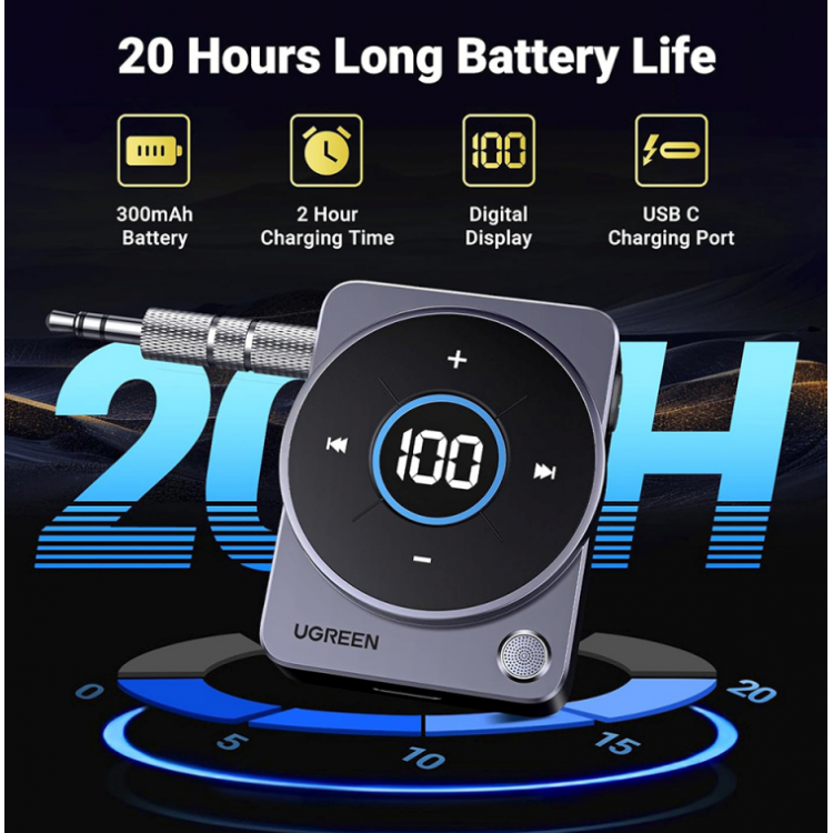 UGREEN Bluetooth 5.4 Αλουμινίου Δέκτης ήχου αυτοκινήτου, με LED οθόνη, Jack 3.5MM, Dual Handsfree - ΓΚΡΙ - CM724