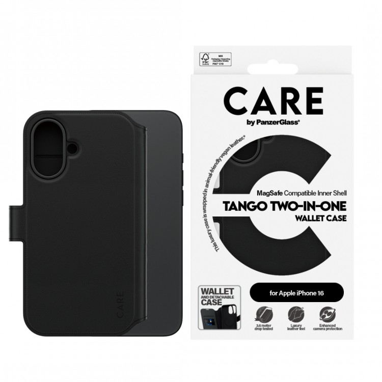 Θήκη PanzerGlass CARE BY PanzerGlass Tango 2-in-1 Δερμάτινο πορτοφόλι για APPLE iPhone 16 6.1 5G 2025 - ΜΑΥΡΟ - PG-1329