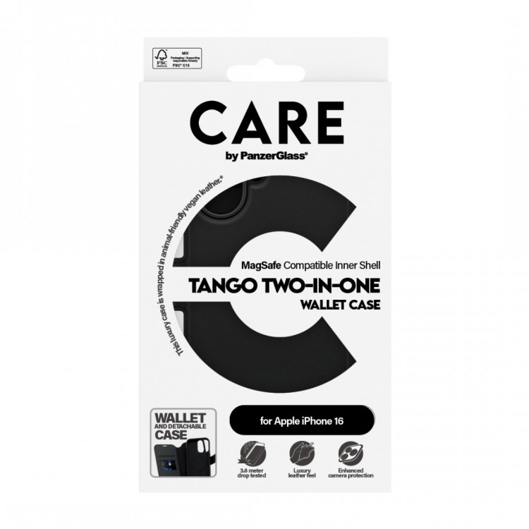 Θήκη PanzerGlass CARE BY PanzerGlass Tango 2-in-1 Δερμάτινο πορτοφόλι για APPLE iPhone 16 6.1 5G 2025 - ΜΑΥΡΟ - PG-1329