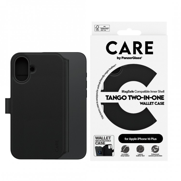 Θήκη PanzerGlass CARE BY PanzerGlass Tango 2-in-1 Δερμάτινο πορτοφόλι για APPLE iPhone 16 Plus 6.7 5G 2025 - ΜΑΥΡΟ - PG-1331