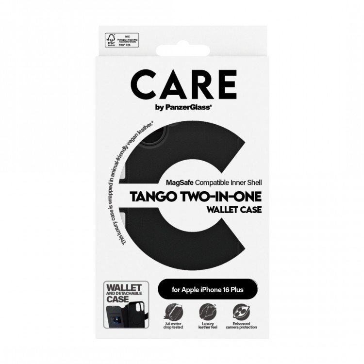 Θήκη PanzerGlass CARE BY PanzerGlass Tango 2-in-1 Δερμάτινο πορτοφόλι για APPLE iPhone 16 Plus 6.7 5G 2025 - ΜΑΥΡΟ - PG-1331