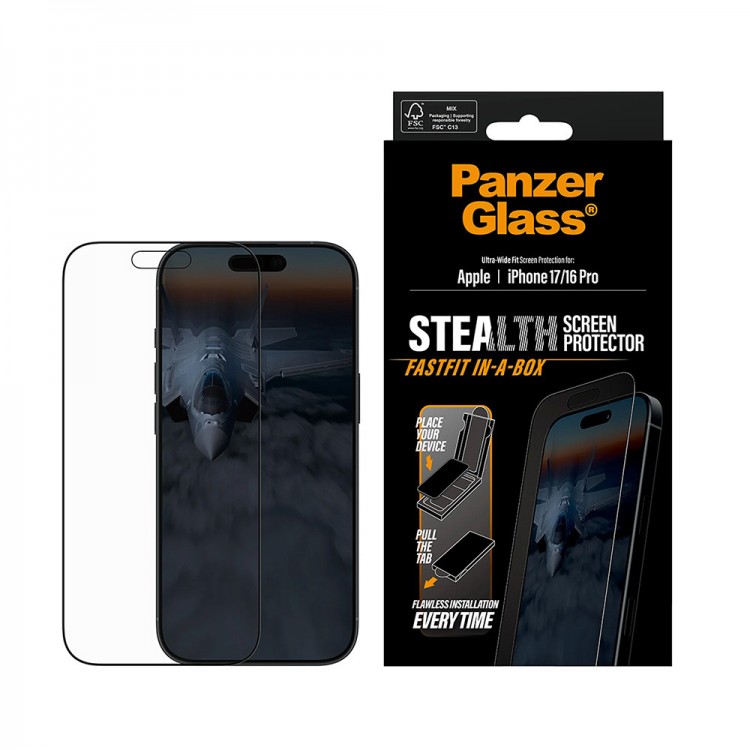 PanzerGlass Γυαλί προστασίας Fullcover αντιανακλαστικό Stealth Ultra-Wide Fit Fastfit In-a-Box Case Friendly 0.3MM για Apple iPhone 17 6.3 5G 2025 / 16 Pro 6.3 5G 2024 - ΜΑΥΡΟ - PG-PG69356