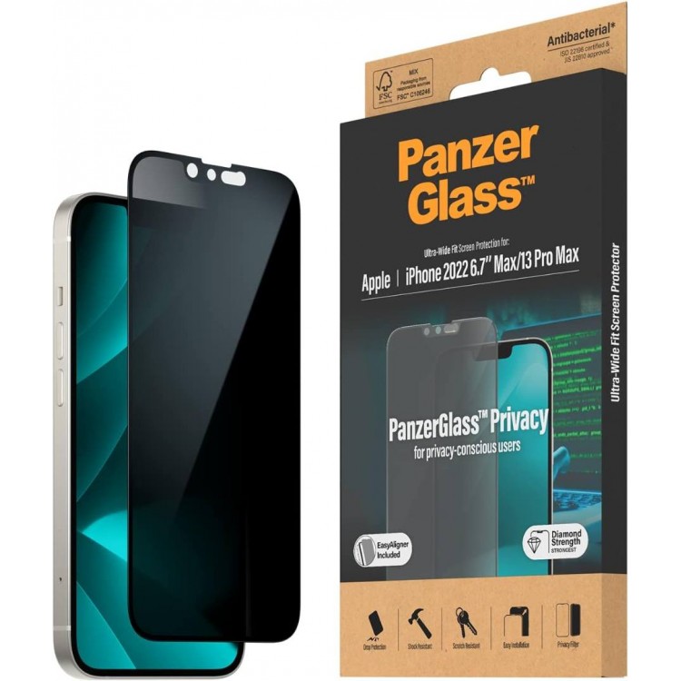 PanzerGlass Γυαλί προστασίας Fullcover MICROFRACTURE ANTIBACTERIAL Privacy "Edge-to-Edge" Case Friendly 0.3MM για Apple iPhone 13 PRO MAX 6.7, iPhone 14 Plus 6.7, με Easy Aligner - ΜΑΥΡΟ - P2785