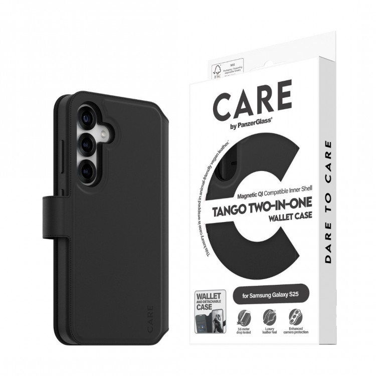 Θήκη PanzerGlass CARE BY PanzerGlass Tango 2-in-1 Δερμάτινο πορτοφόλι για Samsung Galaxy S25 5G 2025 - ΜΑΥΡΟ - PG-CRRFTWLG38388
