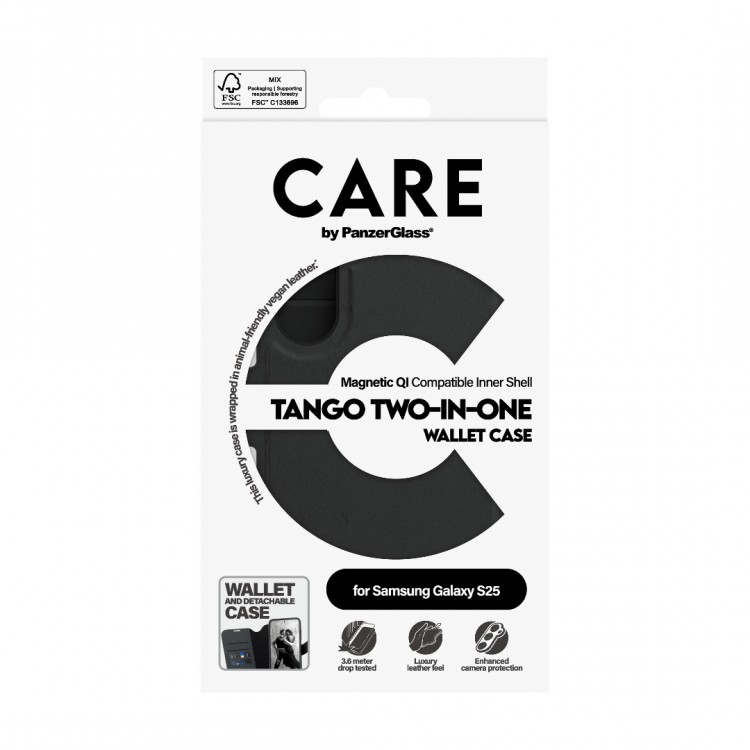 Θήκη PanzerGlass CARE BY PanzerGlass Tango 2-in-1 Δερμάτινο πορτοφόλι για Samsung Galaxy S25 5G 2025 - ΜΑΥΡΟ - PG-CRRFTWLG38388