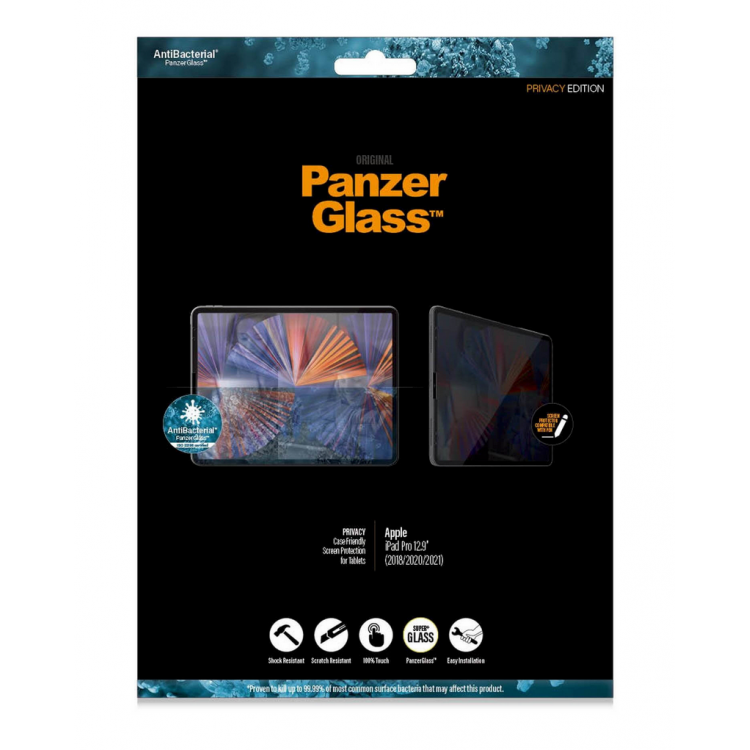 PanzerGlass Privacy Αντιβακτηριδιακό Γυαλί προστασίας Fullcover Edge-to-Edge 3D 0.3MM Curved Edges για Apple iPad Pro 12.9 (2018/20/21/22 - 3rd/4th/5th/6th gen) - ΜΑΥΡΟ - P2695-PG