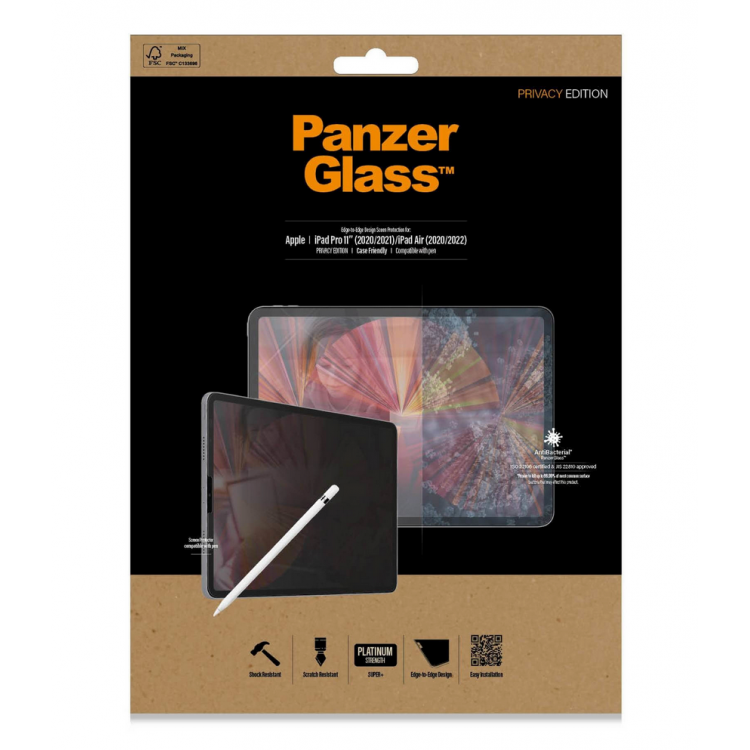 PanzerGlass Privacy Αντιβακτηριδιακό Γυαλί προστασίας Fullcover Edge-to-Edge 3D 0.3MM Curved Edges για Apple iPad Pro 11" (2022 - 2018) & iPad Air 10,9" (2022 & 2020) - ΜΑΥΡΟ - P2694-PG