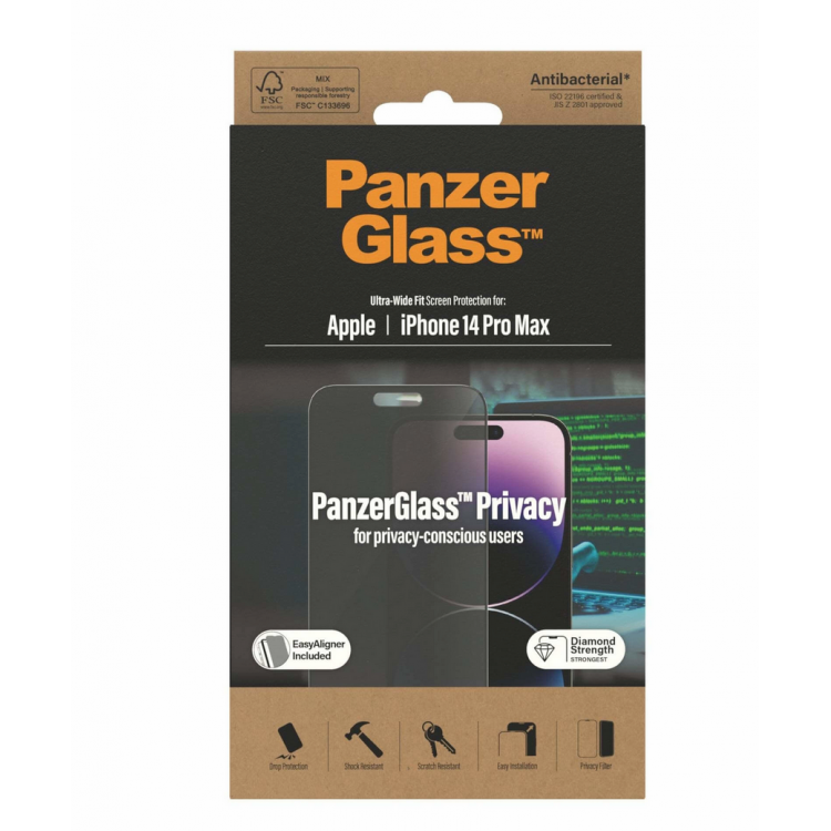 PanzerGlass Γυαλί προστασίας Fullcover MICROFRACTURE ANTIBACTERIAL Privacy Ultra-Wide Fit με EasyAligner Case Friendly 0.3MM για Apple iPhone 14 PRO MAX 6.7 - P2786-PG