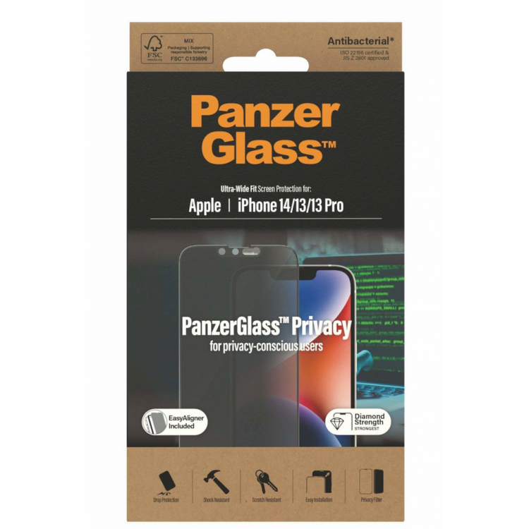 PanzerGlass Γυαλί προστασίας ULTRA-WIDE FIT Privacy with EasyAligner Case Friendly Antibacterial 0.3MM για Apple iPhone 13/14/13 PRO 6.1 - P2783-PG