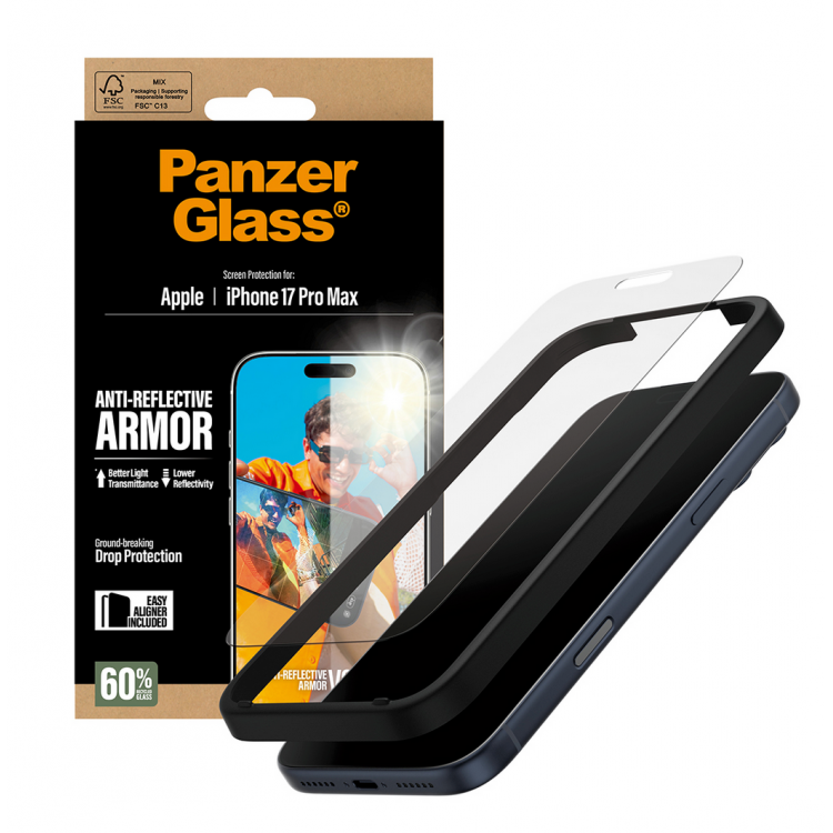 PanzerGlass Γυαλί προστασίας Fullcover Anti-Reflective Armor Protection ULTRA Wide Fit Case Friendly 0.3MM, με οδηγό τοποθέτησης για Apple iPhone 17 PRO Max 6.9 5G 2025 - PG-PG34684