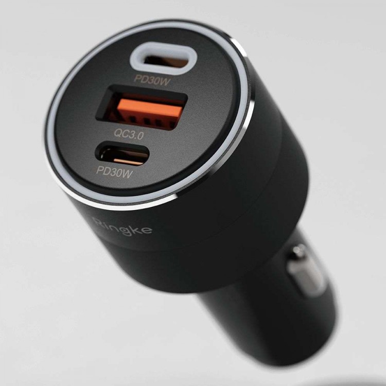 Ringke 30W Φορτιστηής Αυτοκινήτου 3-ΘΥΡΕΣ , 1x USB-A QC, 2xUSB-C PD - ΜΑΥΡΟ - RGK1907