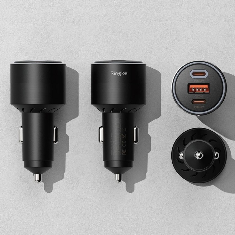 Ringke 30W Φορτιστηής Αυτοκινήτου 3-ΘΥΡΕΣ , 1x USB-A QC, 2xUSB-C PD - ΜΑΥΡΟ - RGK1907