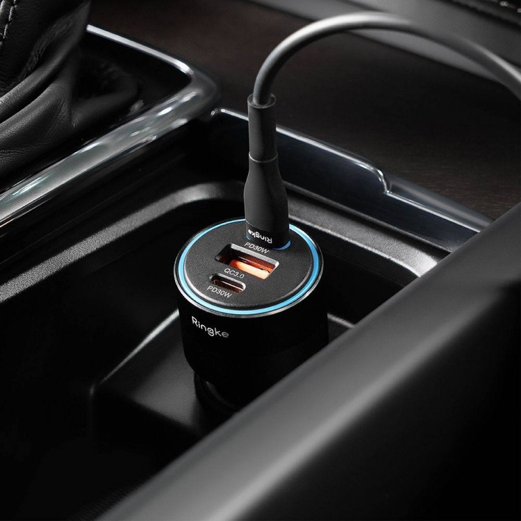 Ringke 30W Φορτιστηής Αυτοκινήτου 3-ΘΥΡΕΣ , 1x USB-A QC, 2xUSB-C PD - ΜΑΥΡΟ - RGK1907