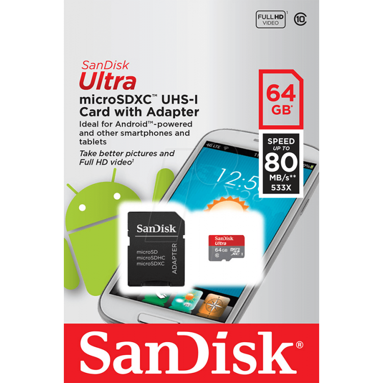 SanDisk Ultra ANDROID microSD 64GB 80MB per sec PLUS SD Adapter - SDSQUNC-064G-GN6MA 